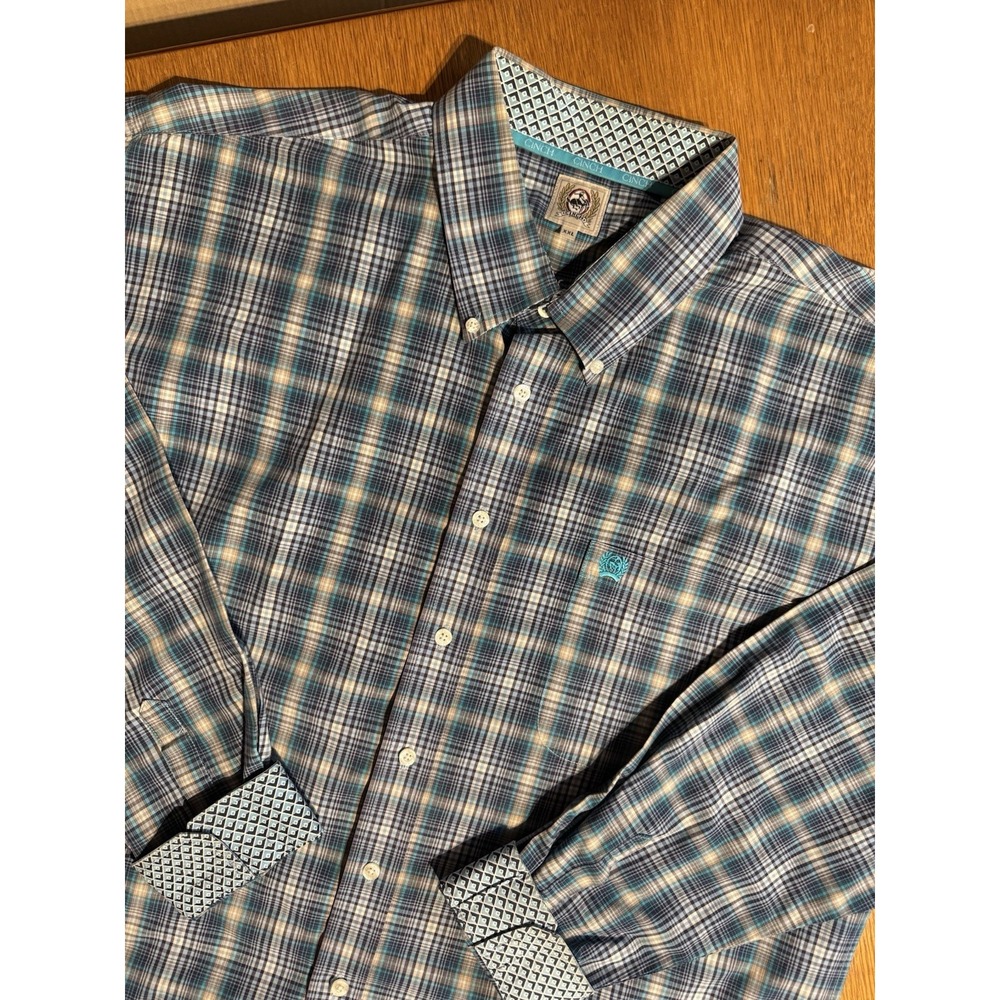 Cinch Western Shirt XXL Plaid Flip Cuff Button Down Blue Teal Crest Logo Rodeo‎